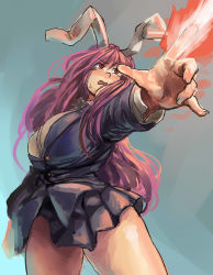 Rule 34 | 1girl, animal ears, arm at side, blazer, blue skirt, blush, breasts, rabbit ears, chanta (ayatakaoisii), collared shirt, cowboy shot, energy beam, highres, huge breasts, large breasts, long hair, long sleeves, looking up, miniskirt, open mouth, pleated skirt, purple hair, red eyes, reisen udongein inaba, shirt, skirt, solo, sweatdrop, thighs, touhou, very long hair, white shirt