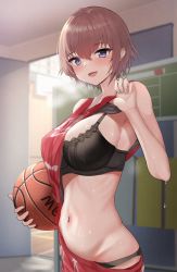 Rule 34 | 1girl, armpits, ball, basket, basketball (object), blush, breasts, clothes lift, commentary request, dripping, gym, hair between eyes, highres, large breasts, midriff, mole, mole under eye, narrow waist, navel, open mouth, original, oversized clothes, panty straps, shirt lift, short hair, sportswear, sweat, take (trude1945oneetyan), underwear