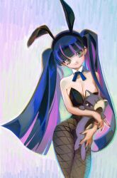 Rule 34 | 1girl, alternate costume, animal ears, bare arms, bare shoulders, black leotard, black pantyhose, blue hair, blunt bangs, breasts, cleavage, colored inner hair, contrapposto, cowboy shot, dark blue hair, detached collar, fake animal ears, fingernails, fishnet pantyhose, fishnets, green eyes, highres, holding, holding stuffed toy, honekoneko (psg), large breasts, leotard, light smile, long fingernails, long hair, looking at viewer, multicolored hair, nail polish, panty &amp; stocking with garterbelt, pantyhose, parted lips, pink hair, playboy bunny, rabbit ears, sharp fingernails, simple background, solo, stocking (psg), straight-on, strapless, strapless leotard, stuffed toy, twintails, two-tone hair, very long hair, yeono0