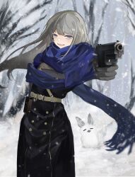Rule 34 | 1girl, :d, aiming, aiming at viewer, bare tree, belt, belt pouch, bkornblume, black coat, black dress, black gloves, blue eyes, blue scarf, coat, coat dress, dress, fennec fox, floating hair, forest, gloves, grey hair, gun, handgun, highres, holding, holding gun, holding weapon, long hair, looking at viewer, lune, nature, open mouth, outstretched arm, outstretched hand, pouch, reverse:1999, sam browne belt, scarf, smile, snow, snowing, solo, sparkle, tree, upper body, weapon, winter