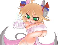 Rule 34 | 1girl, alexi (tits!), aqua eyes, blonde hair, blush, blush stickers, breasts, cleavage, collar, demon girl, demon tail, demon wings, elbow gloves, game cg, gloves, green eyes, huge breasts, mon-musu quest!, mon-musu quest: paradox, open mouth, oppai loli, pointing, rami (mon-musu quest!), ribbon, short hair, solo, tail, thighhighs, white gloves, wings
