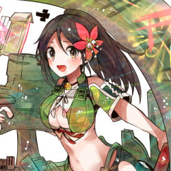 Rule 34 | 10s, 1girl, :d, amagi (kancolle), bare shoulders, breasts, brown eyes, brown hair, cleavage, cleavage cutout, clothing cutout, crop top, detached sleeves, female focus, flower, front-tie top, hair between eyes, hair flower, hair ornament, itomugi-kun, kantai collection, large breasts, long hair, looking at viewer, mecha musume, midriff, mole, mole under eye, navel, open mouth, parted bangs, ponytail, smile, solo