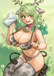 Rule 34 | 1girl, absurdres, animal ears, animal print, antlers, bare shoulders, bell, bikini, blush, braid, braided bangs, branch, breasts, ceres fauna, cleavage, collarbone, cow ears, cow girl, cow print, cow print bikini, cow tail, field, flower, glass, gradient hair, grass, green hair, hair flower, hair ornament, highres, hololive, hololive english, horns, huge breasts, long hair, looking at viewer, milk, mole, mole under eye, multicolored hair, navel, neck bell, open mouth, outdoors, print bikini, print thighhighs, sakaste, seiza, sitting, smile, streaked hair, swimsuit, tail, thighhighs, twitter username, virtual youtuber, yellow eyes