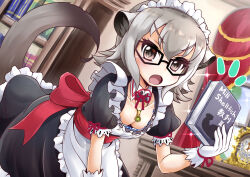 Rule 34 | 1girl, alternate costume, animal ears, apron, black dress, blush, book, breasts, cleavage, clock, dress, enmaided, extra ears, frilled apron, frilled dress, frills, glasses, gloves, grey hair, highres, holding, holding book, juliet sleeves, kemono friends, kemono friends 3, long sleeves, looking at viewer, maid, maid apron, maid headdress, meerkat (kemono friends), meerkat ears, meerkat tail, multicolored hair, open mouth, puffy short sleeves, puffy sleeves, sekiguchi miiru, short hair, short sleeves, small breasts, solo, tail, two-tone hair, waist apron, white apron, white hair