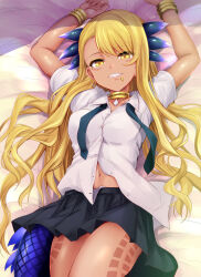 Rule 34 | 1girl, arms up, black skirt, blonde hair, bracelet, breasts, collared shirt, dark-skinned female, dark skin, dragon girl, dragon horns, dragon tail, facial mark, fate/grand order, fate (series), grin, highres, horns, jewelry, large breasts, lip piercing, long hair, looking at viewer, lying, navel, neck ring, necktie, on back, piercing, sen (astronomy), shirt, short sleeves, skirt, smile, solo, swept bangs, tail, thighs, vritra (fate), white shirt, yellow eyes