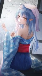 Rule 34 | 1girl, absurdres, bare shoulders, bird, blue hair, blue hakama, blue kimono, blush, breasts, breasts out, brown eyes, closed mouth, crying, crying with eyes open, day, elf, from behind, hakama, hand on own chest, highres, hololive, indoors, japanese clothes, kimono, long hair, looking at viewer, looking back, medium breasts, mouth hold, off shoulder, on floor, open clothes, open kimono, pointy ears, sideboob, sitting, snowing, solo, tears, towel, towel on head, turbulence, virtual youtuber, winter, wooden floor, yukihana lamy