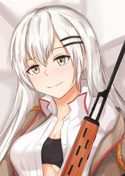 Rule 34 | 1girl, absurdres, breasts, brown jacket, cleavage, dragunov svd, from above, girls&#039; frontline, grey eyes, grey hair, gun, hair ornament, hairclip, highres, huge filesize, jacket, long hair, looking at viewer, medium breasts, military, military uniform, muteppona hito, open clothes, open shirt, rifle, shirt, simple background, smile, sniper rifle, solo, svd (girls&#039; frontline), uniform, weapon, white hair, white shirt