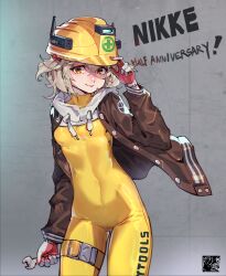 Rule 34 | 1girl, absurdres, anniversary, belt, blonde hair, bodysuit, breasts, brown jacket, clothes writing, covered navel, cowboy shot, gloves, goddess of victory: nikke, hand on headwear, hard hat, helmet, highres, holding, holding wrench, impossible clothes, jacket, liter (nikke), looking at viewer, mar10, open clothes, open jacket, petite, red gloves, short hair, signature, skin tight, small breasts, smile, solo, standing, thigh belt, thigh strap, tongue, tongue out, two-tone gloves, wall, white gloves, white hood, wrench, yellow bodysuit, yellow eyes
