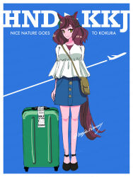 Rule 34 | 1girl, aircraft, airplane, alternate costume, animal ears, bag, black footwear, blue background, blue skirt, boogie february, border, breasts, brown bag, brown eyes, character name, commentary request, ear covers, full body, highres, horse ears, horse girl, horse tail, long sleeves, looking at viewer, medium breasts, nice nature (umamusume), red hair, rolling suitcase, shirt, shoulder bag, simple background, skirt, smile, solo, suitcase, tail, twintails, twitter username, umamusume, white border, white shirt