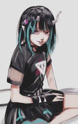 Rule 34 | 1girl, absurdres, black dress, black hair, blue hair, commentary request, demon girl, demon horns, demon tail, dress, eye hair ornament, eye of providence, feet out of frame, flat chest, grey background, highres, horns, looking at viewer, medium hair, multicolored hair, nanashi inc., official alternate costume, parted lips, pointy ears, red eyes, shishio chris, shishio chris (3rd costume), short dress, short sleeves, simple background, sitting, smile, solo, sugar lyric, tail, tengu nimuru, two-tone hair, virtual youtuber
