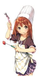 Rule 34 | 1girl, absurdres, antenna hair, apron, blush, brown eyes, brown hair, chef hat, collarbone, food, fork, fruit, hammer, hat, highres, holding, holding fork, kantoku, long hair, looking away, mouth hold, nail, original, plaid, plaid skirt, pleated skirt, simple background, skirt, smile, solo, strawberry, white background