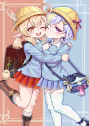 Rule 34 | 2girls, ;d, ;t, ahoge, ai hua hua de tianxian baobao, alternate costume, backpack, bag, bag charm, black footwear, blonde hair, blue outline, blue shirt, blue skirt, blush, boots, brown footwear, charm (object), closed mouth, collared shirt, commentary request, feathers, genshin impact, hair ornament, hat, hat feather, highres, hug, kindergarten uniform, klee (genshin impact), knee boots, kneehighs, long hair, low twintails, multiple girls, ofuda, one eye closed, open mouth, outline, pleated skirt, pointy ears, purple eyes, purple hair, qiqi (genshin impact), red eyes, red outline, red skirt, ribbed legwear, school hat, shirt, shoes, shoulder bag, sidelocks, skirt, smile, socks, standing, standing on one leg, thighhighs, twintails, white feathers, white legwear, white shirt, yellow headwear