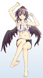 Rule 34 | 1girl, barefoot, black wings, breasts, casual, cleavage, female focus, gradient background, grey background, izana minagi, looking at viewer, medium breasts, shameimaru aya, shorts, simple background, smile, solo, touhou, white background, wings