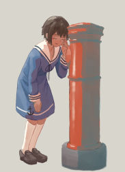 Rule 34 | 1girl, blue dress, blush stickers, brown hair, closed mouth, dress, closed eyes, hehe (taiwan), japanese cylindrical postbox, kneehighs, loafers, long sleeves, original, postbox (outgoing mail), sailor collar, sailor dress, shoes, short hair, simple background, socks, solo, whispering, white socks, white sailor collar