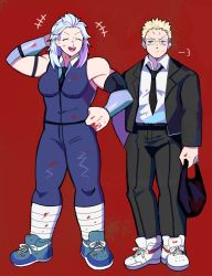 Rule 34 | 1boy, 1girl, arm behind head, blonde hair, blood, blood on clothes, blue eyes, denaseey, dorohedoro, formal, full body, glasses, hand on own hip, highres, muscular, muscular female, necktie, noi (dorohedoro), red background, shin (dorohedoro), shoes, sneakers, suit, white hair