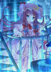 Rule 34 | 1girl, :&lt;, bad id, bad pixiv id, blue eyes, book, bookshelf, capelet, coat, crescent, dress, female focus, hair ribbon, hat, jitome, kabocha usagi, library, long hair, long sleeves, looking at viewer, open clothes, open coat, patchouli knowledge, purple dress, purple hair, ribbon, solo, stairs, striped clothes, striped dress, touhou, tress ribbon, very long hair