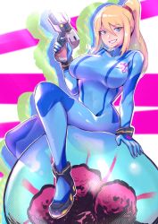 Rule 34 | 1girl, blonde hair, blue bodysuit, blue eyes, bodysuit, bracelet, breasts, full body, gun, hair between eyes, high heels, high ponytail, highres, holding, holding gun, holding weapon, jewelry, large breasts, looking at viewer, metroid, metroid (creature), mixed-language commentary, mole, mole under mouth, nintendo, samus aran, shiny clothes, sidelocks, signature, sitting, solo, vialnite, weapon, zero suit