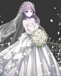 Rule 34 | 1girl, absurdres, anotherxalice, bare shoulders, blue eyes, blush, bouquet, braid, breasts, bridal gauntlets, cleavage, copyright name, dress, earrings, elbow gloves, fence, flower, gloves, grey background, highres, holding, holding bouquet, jewelry, large breasts, long hair, looking at viewer, nyasunyadoora, official art, petals, pointy ears, purple hair, simple background, smile, solo, standing, veil, wedding dress, white dress, white flower, white gloves