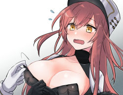 Rule 34 | 1girl, azur lane, black gloves, blush, breasts, cleavage, coat dress, collarbone, dress, fur hat, gloves, hat, large breasts, leo (leo ms 888), long hair, looking at viewer, open mouth, papakha, red hair, simple background, solo, upper body, volga (azur lane), white dress, white gloves, white hat, yellow eyes