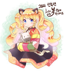 Rule 34 | 1girl, 2021, :3, absurdres, animal, animal ears, black skirt, blonde hair, blue eyes, braid, cat ears, commentary, cow, cropped legs, english commentary, esy, highres, holding, holding animal, korean clothes, korean text, long hair, looking at viewer, nose piercing, nose ring, piercing, seeu, skirt, smile, solo, translation request, upper body, very long hair, vocaloid
