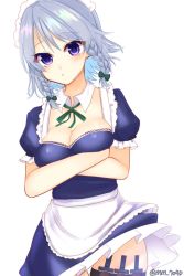Rule 34 | 1girl, apron, artist name, bad id, bad pixiv id, blue dress, blush, bow, braid, breasts, cleavage, commentary request, cowboy shot, crossed arms, detached collar, dress, green bow, green ribbon, hair bow, highres, holster, izayoi sakuya, knife, looking at viewer, maid, maid apron, maid headdress, medium breasts, neck ribbon, okichi miyoshi, parted lips, petticoat, puffy short sleeves, puffy sleeves, purple eyes, ribbon, short dress, short hair, short sleeves, silver hair, simple background, solo, standing, thigh holster, touhou, twin braids, twitter username, waist apron, white apron, white background