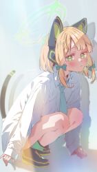 Rule 34 | 1girl, animal ear headphones, animal ears, blonde hair, blue archive, blue necktie, blush, bow, cat ears, cat tail, fake animal ears, fake tail, green eyes, green necktie, hair bow, halo, headphones, highres, itsk ne, long sleeves, looking at viewer, midori (blue archive), necktie, shadow, shirt, shoes, short hair, sidelocks, sneakers, solo, squatting, tail, white shirt