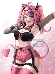Rule 34 | 1girl, absurdres, ahoge, artist name, belt, black choker, black gloves, black shirt, blush, bow, breasts, choker, cleavage, commentary, demon horns, demon tail, elbow gloves, english commentary, fang, fingerless gloves, gloves, hair ornament, hairclip, heart, heart ahoge, heart hair ornament, highres, holding, holding microphone, horns, ironmouse, ironmouse (pink rock), large breasts, long hair, looking at viewer, microphone, multicolored hair, open mouth, pink belt, pink bow, pink hair, pink shorts, pink tail, pink thighhighs, purple eyes, purple hair, shirt, short shorts, shorts, skin fang, skull, streaked hair, tail, thigh strap, thighhighs, twintails, virtual youtuber, vshojo, yonicchin