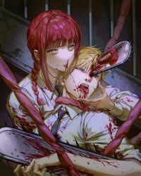 Rule 34 | 1boy, 1girl, absurdres, bars, black necktie, blonde hair, blood, blood on arm, blood on clothes, blood on face, blunt bangs, braid, chainsaw, chainsaw man, collared shirt, denji (chainsaw man), fingers on another&#039;s face, guro, highres, holding person, injury, intestines, long hair, looking at viewer, makima (chainsaw man), necktie, open mouth, parted lips, red hair, ringed eyes, sharp teeth, shirt, short hair, sidelocks, single braid, teeth, tongue, tongue out, upper body, white shirt, yellow eyes, zzom b