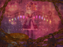 Rule 34 | 1girl, back bow, backless outfit, black pantyhose, bow, chain, closed mouth, culotte (hosenrock), feet out of frame, flandre scarlet, frilled shirt collar, frills, from behind, glowing, glowing wings, hair bow, hat, lock, mob cap, multicolored wings, one side up, padlock, pantyhose, pink background, puffy short sleeves, puffy sleeves, red bow, red eyes, red skirt, red vest, shirt, short sleeves, skirt, solo, touhou, vest, white bow, white hat, white shirt, wings