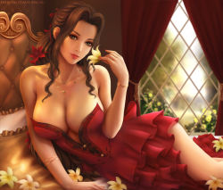Rule 34 | 1girl, aerith gainsborough, bad hands, bare shoulders, bed, blue eyes, blurry, bracelet, breasts, cleavage, closed mouth, collarbone, curtains, day, depth of field, dress, feet out of frame, final fantasy, final fantasy vii, flower, frills, hair flower, hair ornament, holding, holding flower, indoors, jewelry, large breasts, lipstick, long hair, looking at viewer, lying, makeup, nail polish, necklace, on bed, on side, realistic, reclining, red flower, red lips, red nails, short dress, smile, solo, square enix, strapless, strapless dress, watermark, wavy hair, web address, window, yellow flower, yupachu