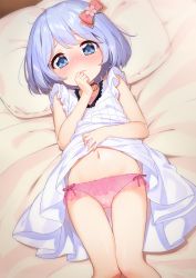 Rule 34 | 1girl, bed sheet, blue eyes, blush, bow, bow panties, cherry blossoms, closed mouth, clothes lift, collarbone, commentary request, dress, dress lift, fingernails, flower, hair bow, hand up, head tilt, highres, lifted by self, looking at viewer, lying, navel, nose blush, on back, original, panties, pillow, pink flower, pink panties, red bow, silver hair, sleeveless, sleeveless dress, solo, tofu1601, underwear, white dress