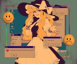 Rule 34 | 1girl, :c, apron, artist name, black dress, black headwear, blonde hair, bow, bracelet, cowboy shot, desktop, dialogue box, dress, english text, facing viewer, finger to face, framed, frilled apron, frilled dress, frills, frown, glitch, hat, hat bow, heart, highres, icon (computing), jewelry, kirisame marisa, linmiee, long hair, looking at viewer, puffy sleeves, short hair, short sleeves, skirt, smile, smiley face, standing, touhou, vaporwave, waist apron, white bow, window (computing), windows 95, witch hat