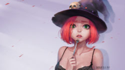 Rule 34 | 1girl, black bra, black hat, bra, breasts, cleavage, collarbone, dated, fork, green eyes, hat, highres, holding, holding fork, large breasts, luode huayuan, original, parted lips, pink hair, short hair, skull, solo, underwear, upper body, witch hat