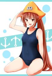 Rule 34 | 1girl, arm behind back, blue one-piece swimsuit, breasts, brown eyes, brown hair, guilty gear, hat, highres, long hair, may (guilty gear), one-piece swimsuit, orange hat, otsumami (otsu-mugi), pirate hat, ponytail, salute, school swimsuit, seiza, simple background, sitting, skull and crossbones, small breasts, smile, solo, swimsuit, very long hair