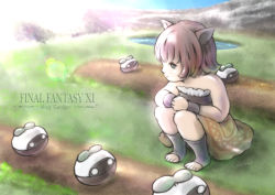 Rule 34 | 1girl, animal ears, aqua eyes, artist name, bare shoulders, blue sky, cat ears, closed mouth, copyright name, creature, day, dress, final fantasy, final fantasy xi, garden, grass, highres, lens flare, mandragora (final fantasy), mithra (ff11), outdoors, pink hair, piyoco, pond, short hair, sky, squatting, strapless, strapless dress, water