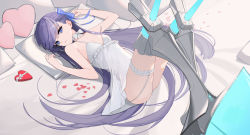 Rule 34 | 1girl, bare shoulders, bed, bed sheet, blue bow, blue eyes, bow, breasts, chocolate, eyebrows, fate/grand order, fate (series), hair bow, hair ornament, highres, leg armor, legs up, long hair, looking at viewer, lying, meltryllis (fate), on back, parted lips, petals, pillow, purple hair, rikui (rella2930), solo, valentine