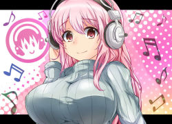 Rule 34 | 1girl, blush, breasts, female focus, headphones, heka=ton, large breasts, long hair, looking at viewer, nitroplus, pink hair, red eyes, ribbed sweater, smile, solo, super sonico, sweater, taut clothes, turtleneck