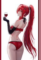 Rule 34 | 1girl, ass, back, bow, bowtie, claws, cup, drinking glass, gloves, hair tie, haruyuki (karem), highres, looking back, mole, mole on ass, panties, ponytail, punishing: gray raven, red eyes, red hair, single glove, solo, underwear, vera (punishing: gray raven), wine glass