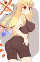 Rule 34 | 1girl, ass, bare shoulders, bike shorts, blonde hair, blush, breasts, chiyono, crystal, female focus, flandre scarlet, from behind, frown, highres, huge ass, huge breasts, long hair, looking back, aged up, sideboob, solo, sports bra, sweatdrop, thought bubble, touhou, weight conscious, wings