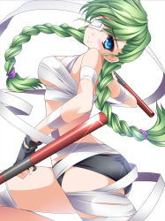 Rule 34 | 1girl, bandages, blue eyes, blush, braid, breasts, dual wielding, embarrassed, eyepatch, fingerless gloves, gloves, green hair, highres, holding, large breasts, long hair, looking at viewer, midriff, monety, open mouth, original, solo, tears, tonfa, twin braids, weapon
