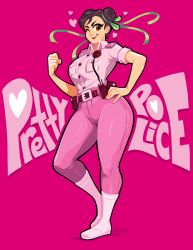 Rule 34 | 1girl, ;), alternate color, alternate costume, boots, breasts, brown eyes, brown hair, capcom, chun-li, clenched hand, commentary, curvy, double bun, full body, hair ribbon, hand on own hip, heart, jmanvelez, large breasts, one eye closed, pants, pink theme, player 2, police, police uniform, policewoman, ribbon, short hair, smile, solo, street fighter, street fighter v, thick thighs, thighs, uniform, walkie-talkie