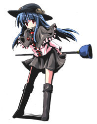 Rule 34 | 1girl, bad id, bad pixiv id, blue hair, boots, fa no hito, female focus, full body, halloween, hat, hinanawi tenshi, knee boots, plunger, red eyes, simple background, solo, standing, touhou, white background