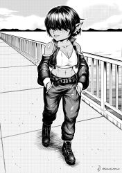 Rule 34 | 1girl, abs, absurdres, belt, body freckles, boots, breasts, casual, cleavage, clothing cutout, contemporary, covered eyes, crop top, cropped jacket, earrings, female goblin, freckles, goblin, goblin girl (speedl00ver), greyscale, hair over eyes, hands in pockets, highres, horizon, jewelry, long sleeves, looking away, medium breasts, monochrome, ocean, original, pants, pier, plunging neckline, pointy ears, puffy long sleeves, puffy sleeves, sharp teeth, short hair, shortstack, shoulder cutout, solo, speedl00ver, teeth, walking