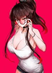 1girl :/ adjusting_eyewear ahoge arm_behind_back black-framed_eyewear black_choker black_nails black_shorts blush breasts bright_pupils brown_hair choker cleavage closed_mouth commentary cowboy_shot english_commentary fingernails floating_hair hair_between_eyes half-closed_eyes hand_on_eyewear highres large_breasts liz_(nin_fake) long_hair long_sidelocks looking_at_viewer micro_shorts multicolored_hair nail_polish nin_fake o-ring original pink_background ponytail red-tinted_eyewear red_eyes red_hair round_eyewear sharp_fingernails shorts sidelocks simple_background solo standing streaked_hair tank_top tinted_eyewear very_long_fingernails white_pupils white_tank_top