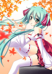 Rule 34 | 1girl, detached sleeves, green eyes, green hair, hatsune miku, japanese clothes, long hair, matching hair/eyes, miko, sitting, skywaker, solo, thighhighs, twintails, very long hair, vocaloid
