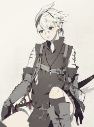 Rule 34 | 1boy, black eyes, boots, expressionless, gloves, grey hair, jacket, jewelry, looking to the side, male focus, malt 40, necklace, nier, nier (brother), nier (series), solo, sword, weapon