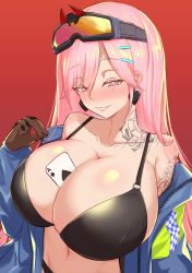 Rule 34 | 1girl, absurdres, arm tattoo, bare shoulders, between breasts, black bra, blush, bra, bra strap, breasts, brown gloves, card, card between breasts, cleavage, clothes pull, collarbone, earrings, eyewear on head, girls&#039; frontline, gloves, heart, heart earrings, highres, jacket, jacket pull, jewelry, large breasts, long hair, looking at viewer, mole, mole under eye, navel, neck tattoo, noe (ppppriver), open clothes, open jacket, pink eyes, pink hair, playing card, police, police uniform, red background, sig mcx (girls&#039; frontline), smile, solo, tattoo, underwear, uniform