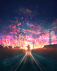 Rule 34 | 1girl, backpack, bag, blue sky, commentary request, gradient sky, hand up, highres, holding, long sleeves, looking away, orange sky, original, outdoors, pleated skirt, power lines, railroad tracks, scenery, school uniform, short hair, shoujou (illust primete), skirt, sky, solo, sunset, thighhighs, transmission tower, valentine