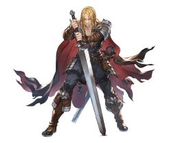 Rule 34 | 10s, 1boy, belt, boots, cape, full body, granblue fantasy, long hair, lucius (granblue fantasy), male focus, minaba hideo, official art, solo, sword, teeth, transparent background, weapon, yellow eyes