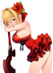 Rule 34 | 1girl, arm rest, bare shoulders, blonde hair, bow, dress, fate/extra, fate (series), flower, frilled skirt, frills, green eyes, hair bow, hair flower, hair intakes, hair ornament, halter dress, halterneck, kei (soundcross), looking at viewer, nero claudius (fate), nero claudius (fate) (all), nero claudius (fate/extra), official alternate costume, panties, red dress, red panties, simple background, skirt, solo, sword, underwear, weapon, white background
